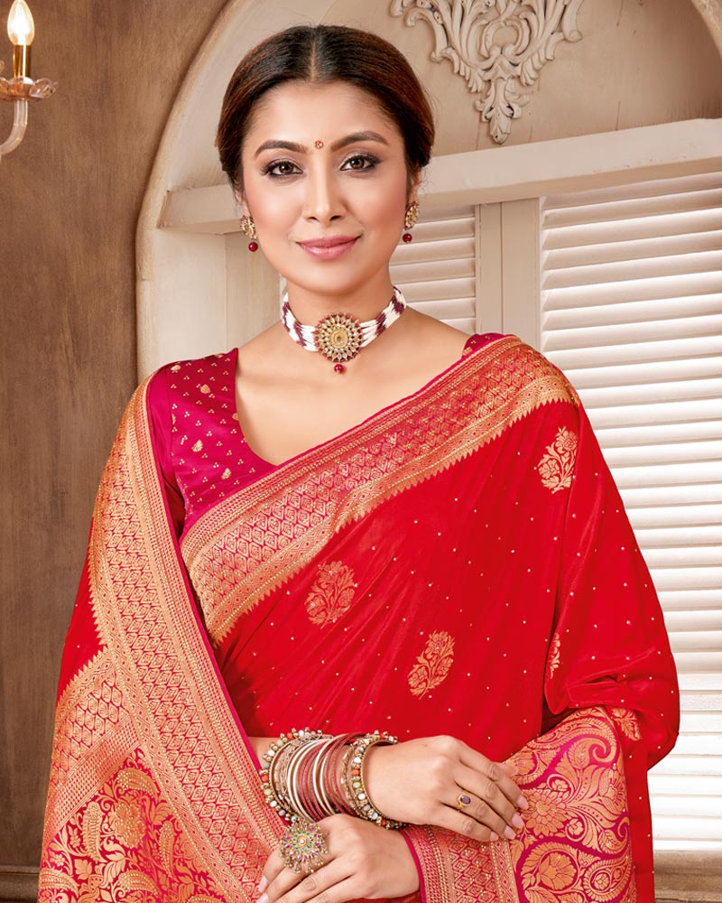 Vishal Prints Venetian Red Designer Art Silk Saree With Zari Weaving And Diamond Work With Tassel
