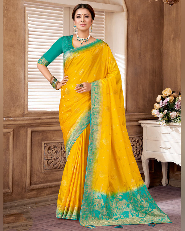 Vishal Prints Golden Yellow Designer Art Silk Saree With Zari Weaving And Diamond Work With Tassel