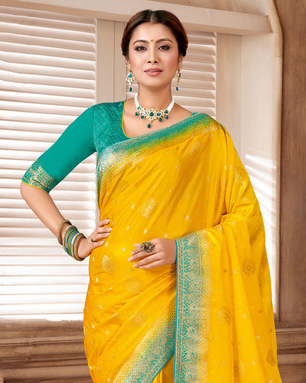 Vishal Prints Golden Yellow Designer Art Silk Saree With Zari Weaving And Diamond Work With Tassel
