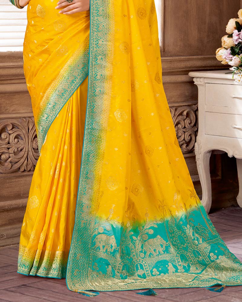 Vishal Prints Golden Yellow Designer Art Silk Saree With Zari Weaving And Diamond Work With Tassel