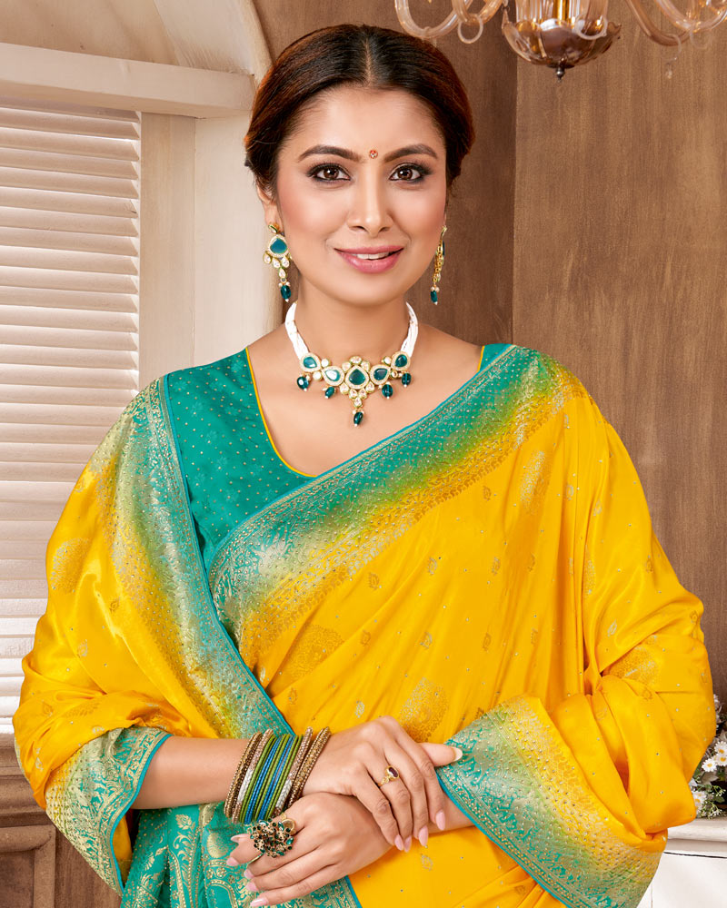 Vishal Prints Golden Yellow Designer Art Silk Saree With Zari Weaving And Diamond Work With Tassel