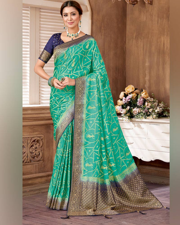 Vishal Prints Mint Green Designer Art Silk Saree With Zari Weaving And Diamond Work With Tassel