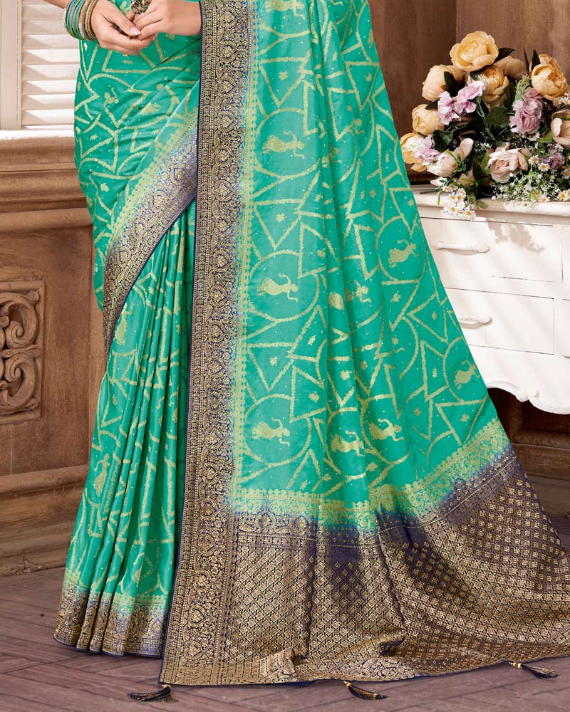 Vishal Prints Mint Green Designer Art Silk Saree With Zari Weaving And Diamond Work With Tassel