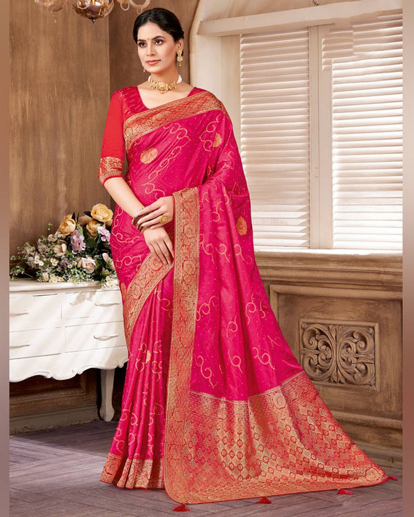 Vishal Prints Raspberry Designer Art Silk Saree With Zari Weaving And Diamond Work With Tassel