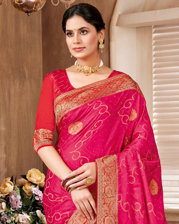 Vishal Prints Raspberry Designer Art Silk Saree With Zari Weaving And Diamond Work With Tassel