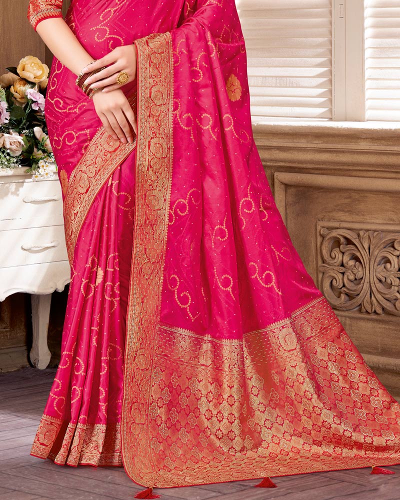 Vishal Prints Raspberry Designer Art Silk Saree With Zari Weaving And Diamond Work With Tassel