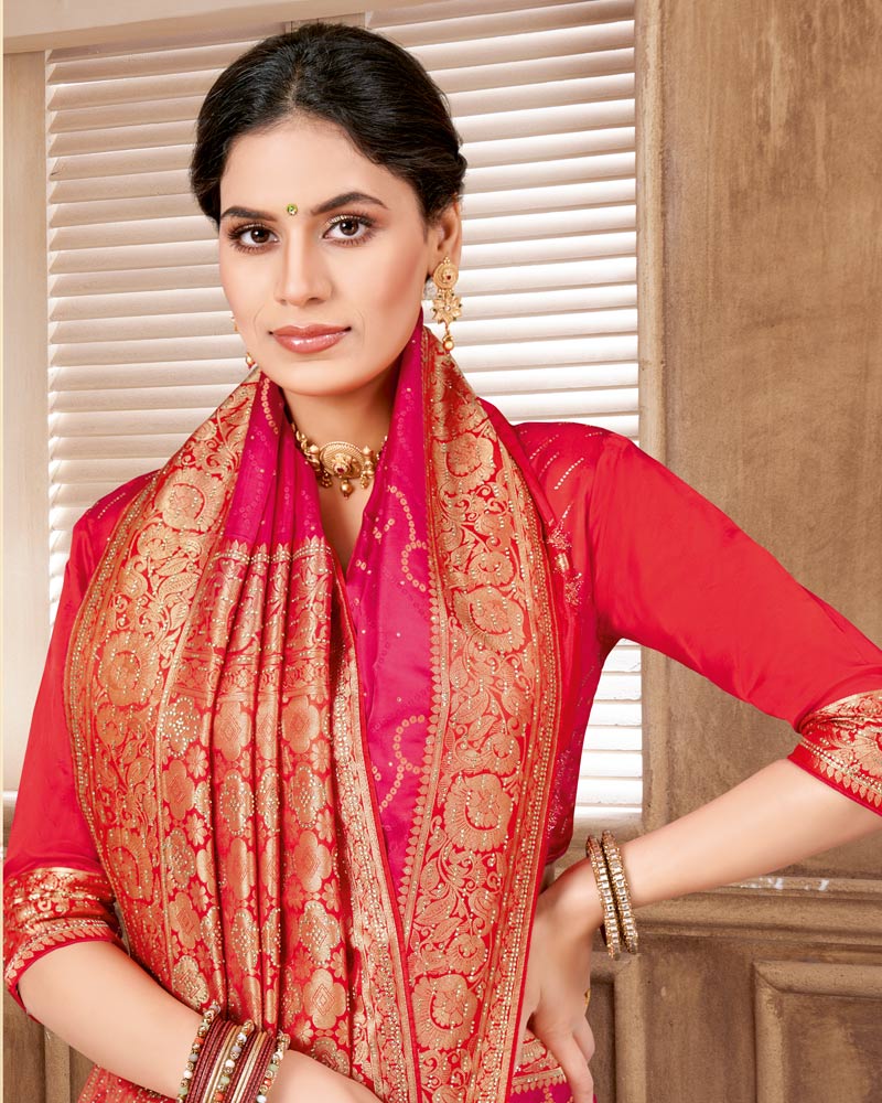 Vishal Prints Raspberry Designer Art Silk Saree With Zari Weaving And Diamond Work With Tassel