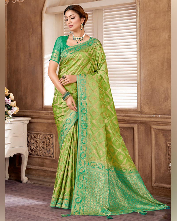 Vishal Prints Light Olive Green Designer Art Silk Saree With Zari Weaving And Diamond Work With Tassel