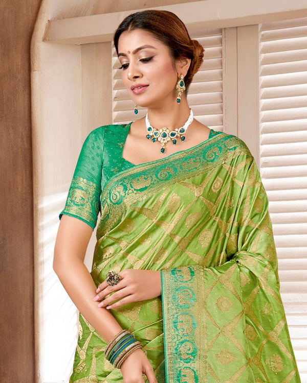 Vishal Prints Light Olive Green Designer Art Silk Saree With Zari Weaving And Diamond Work With Tassel