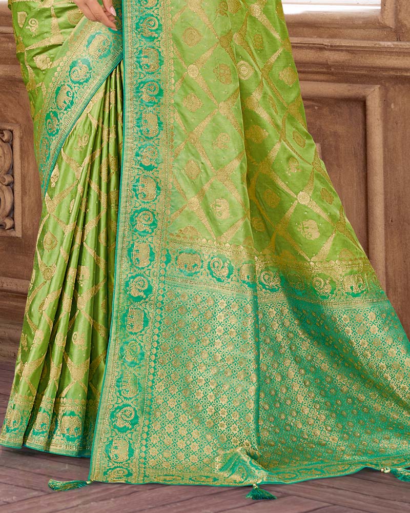 Vishal Prints Light Olive Green Designer Art Silk Saree With Zari Weaving And Diamond Work With Tassel