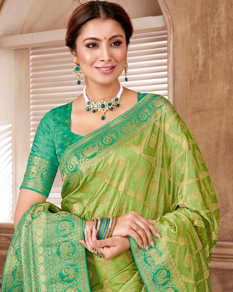 Vishal Prints Light Olive Green Designer Art Silk Saree With Zari Weaving And Diamond Work With Tassel