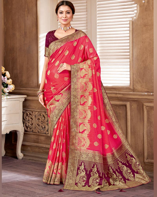 Vishal Prints Pastel Red Designer Art Silk Saree With Zari Weaving And Diamond Work With Tassel