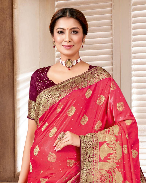 Vishal Prints Pastel Red Designer Art Silk Saree With Zari Weaving And Diamond Work With Tassel