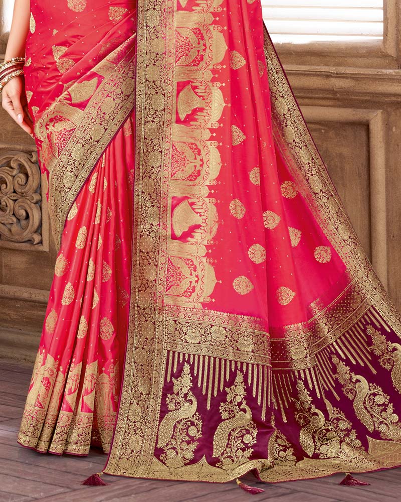 Vishal Prints Pastel Red Designer Art Silk Saree With Zari Weaving And Diamond Work With Tassel