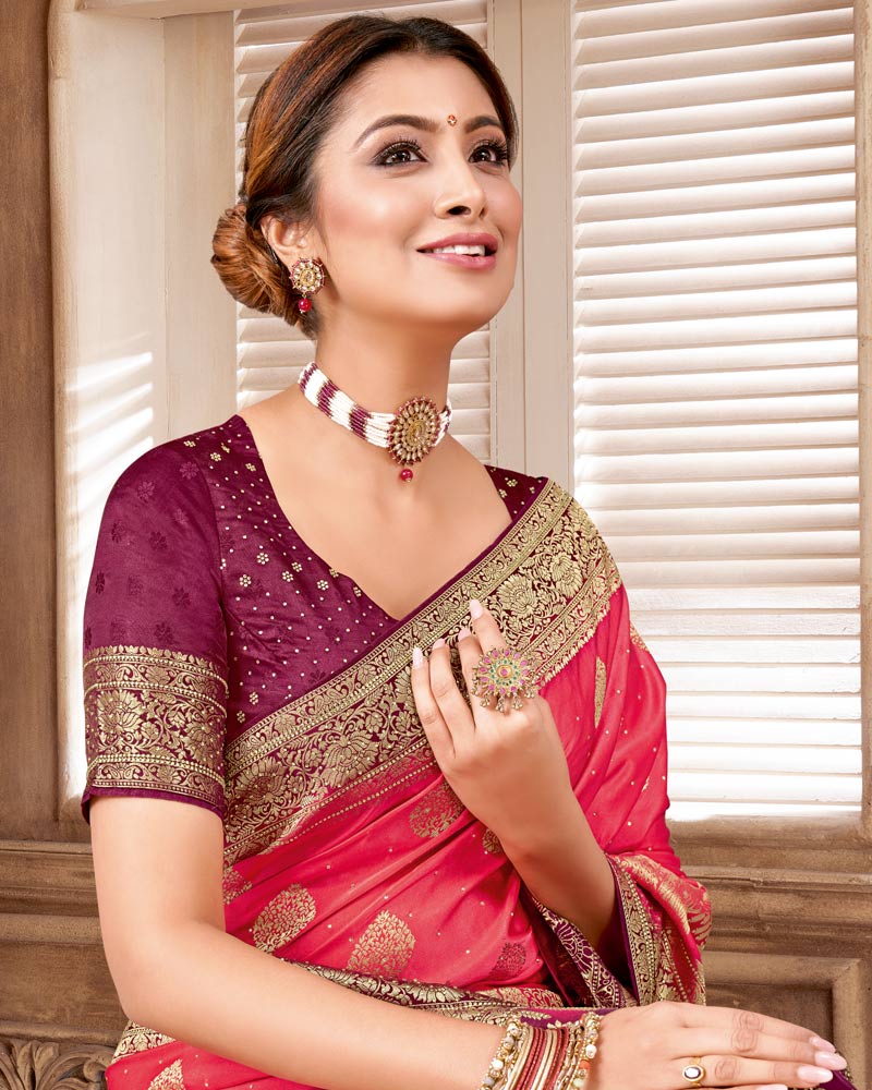 Vishal Prints Pastel Red Designer Art Silk Saree With Zari Weaving And Diamond Work With Tassel