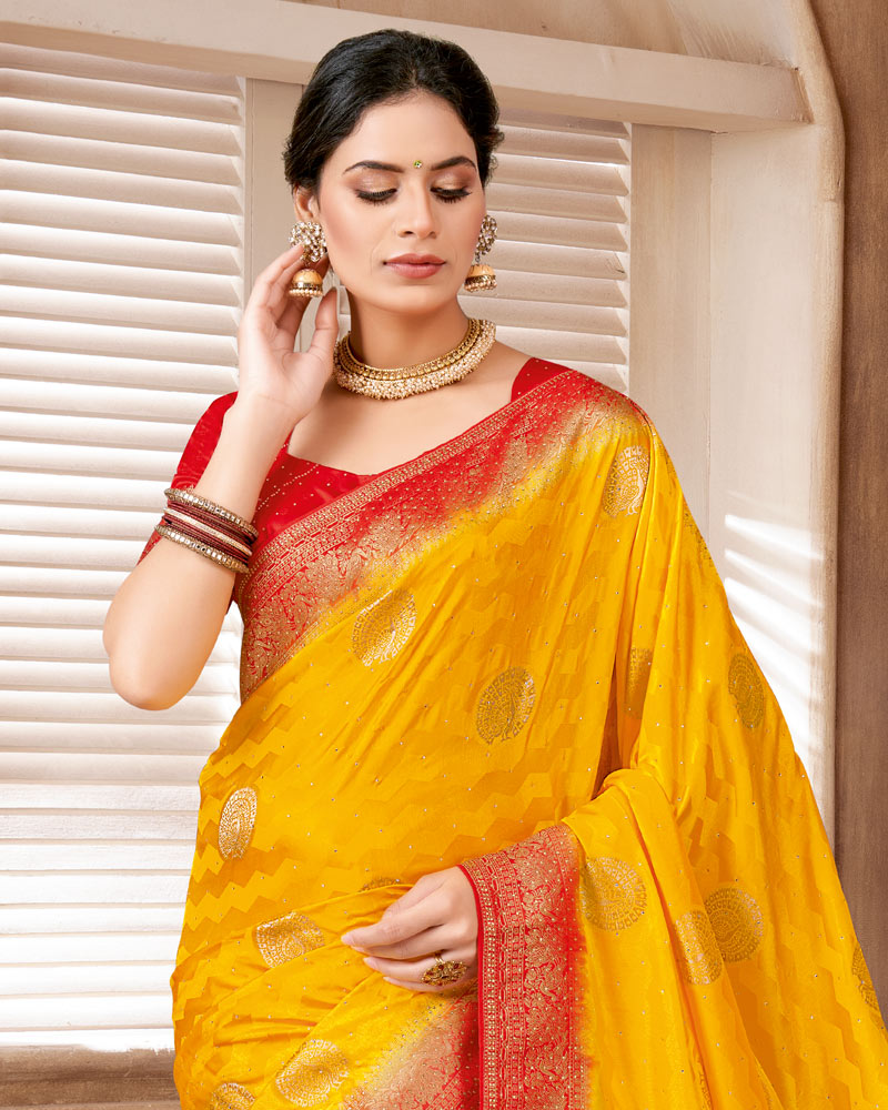Vishal Prints Golden Yellow Designer Art Silk Saree With Zari Weaving And Diamond Work With Tassel