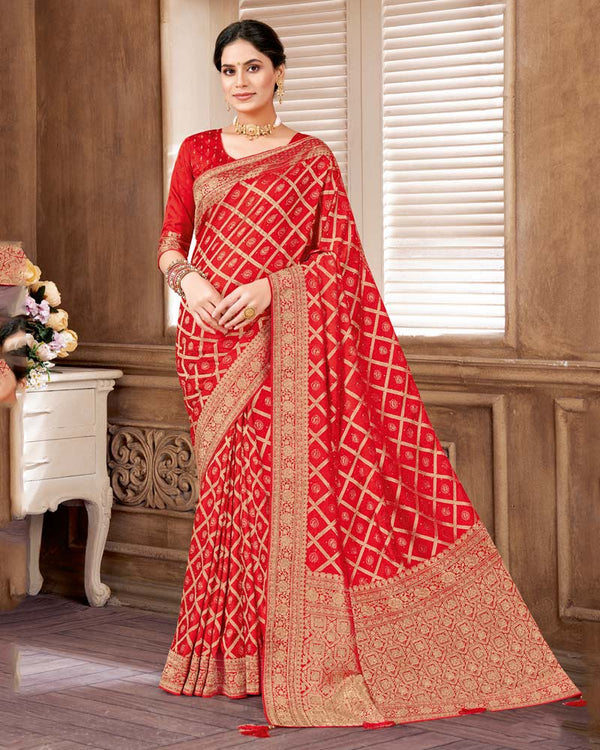 Vishal Prints Ruby Red Designer Art Silk Saree With Zari Weaving And Diamond Work With Tassel