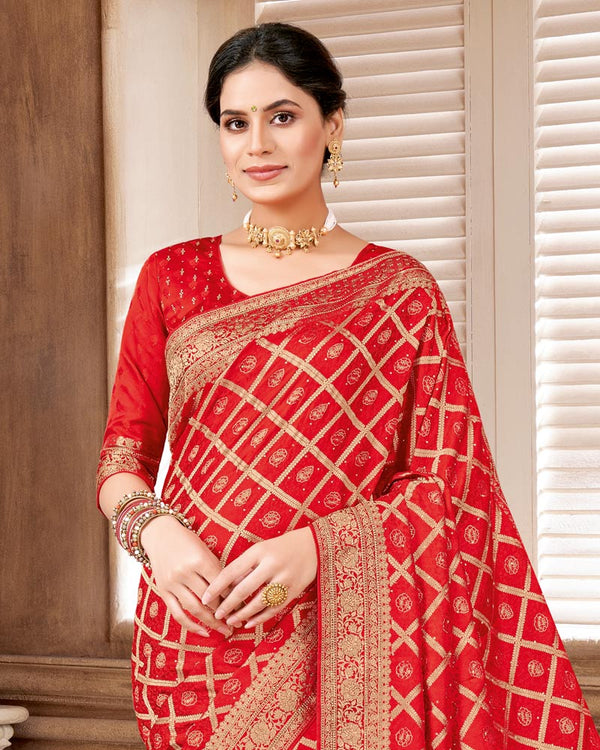 Vishal Prints Ruby Red Designer Art Silk Saree With Zari Weaving And Diamond Work With Tassel