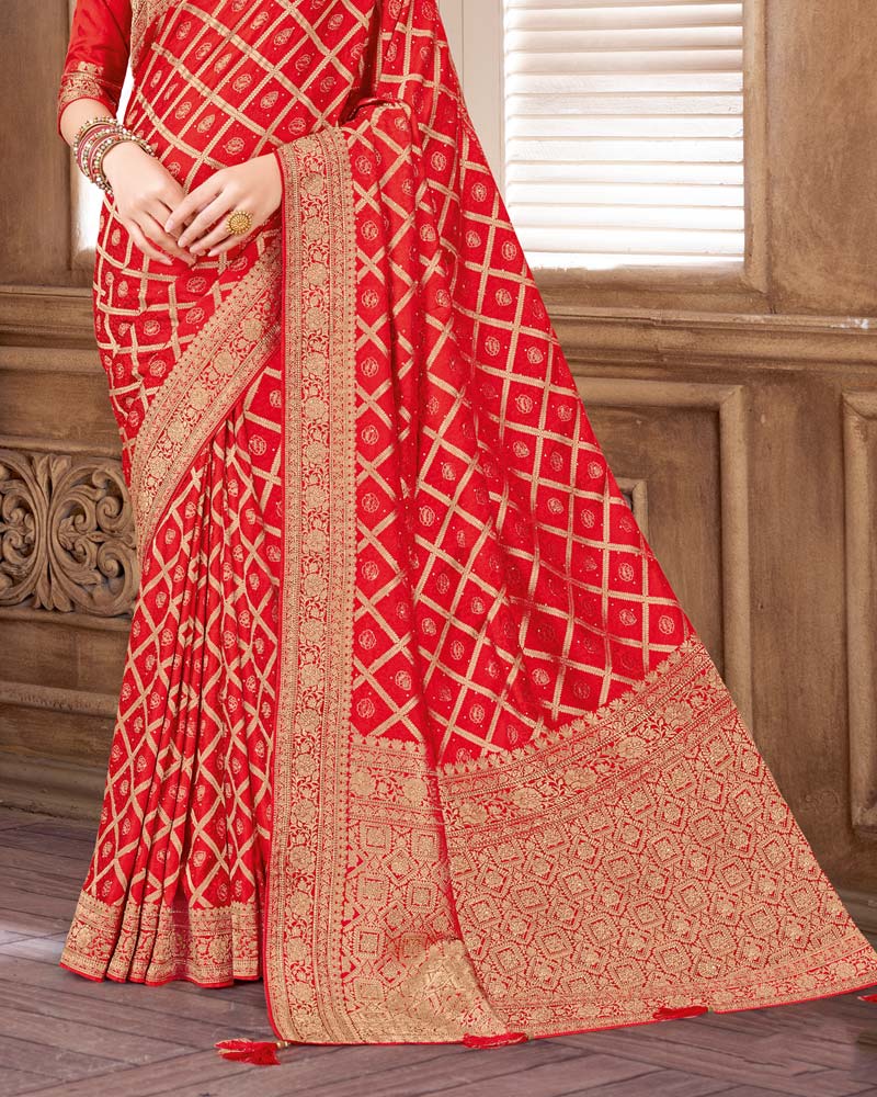 Vishal Prints Ruby Red Designer Art Silk Saree With Zari Weaving And Diamond Work With Tassel