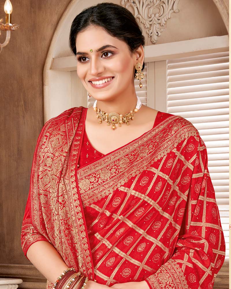Vishal Prints Ruby Red Designer Art Silk Saree With Zari Weaving And Diamond Work With Tassel