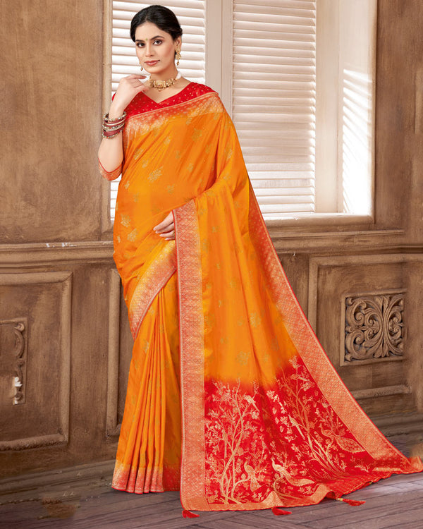 Vishal Prints Sunset Orange Designer Art Silk Saree With Zari Weaving And Diamond Work With Tassel
