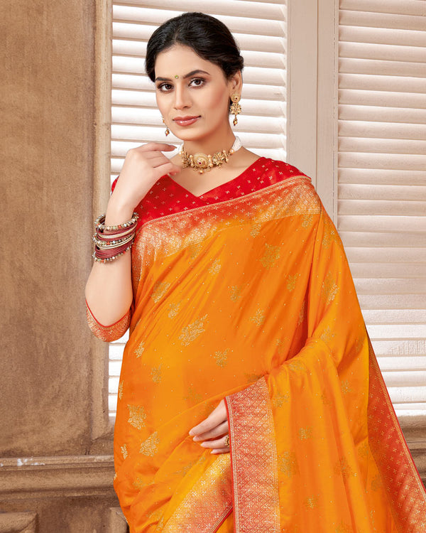 Vishal Prints Sunset Orange Designer Art Silk Saree With Zari Weaving And Diamond Work With Tassel