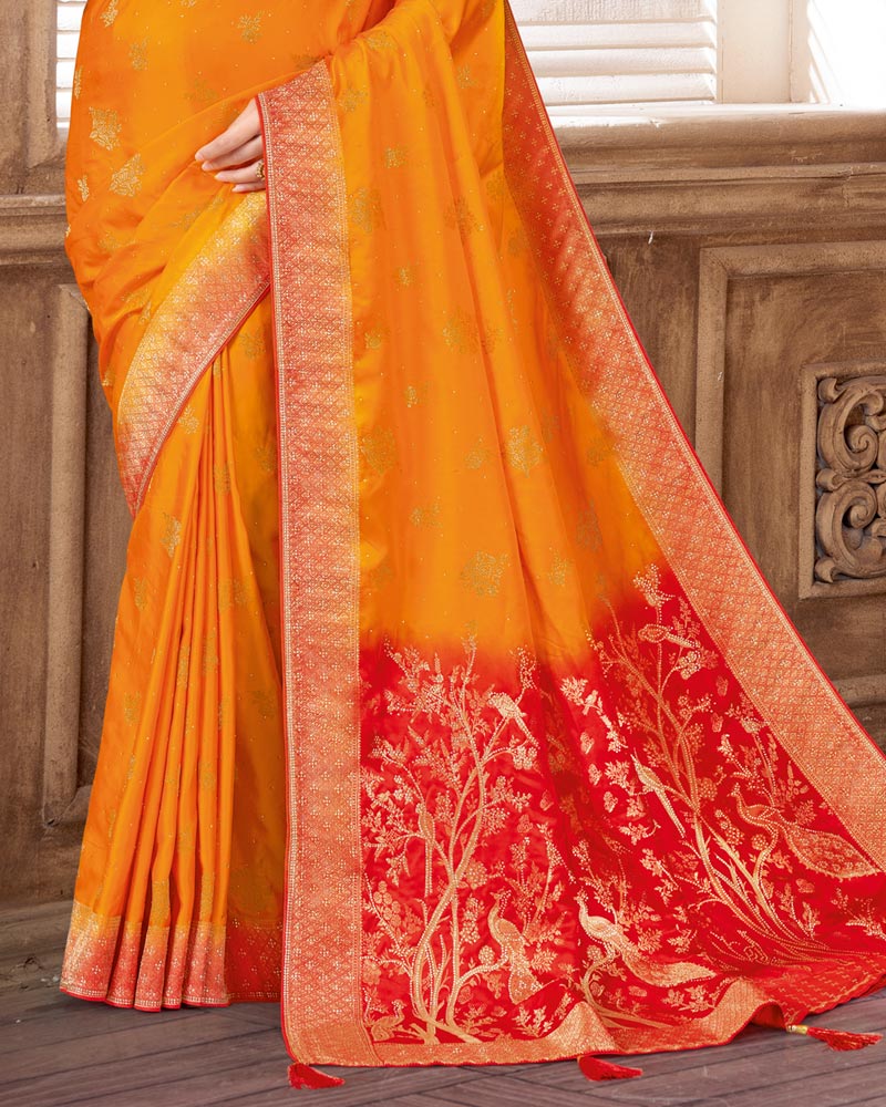 Vishal Prints Sunset Orange Designer Art Silk Saree With Zari Weaving And Diamond Work With Tassel