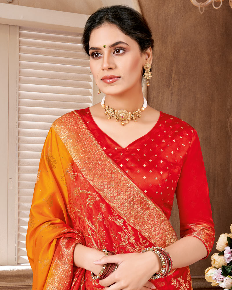 Vishal Prints Sunset Orange Designer Art Silk Saree With Zari Weaving And Diamond Work With Tassel