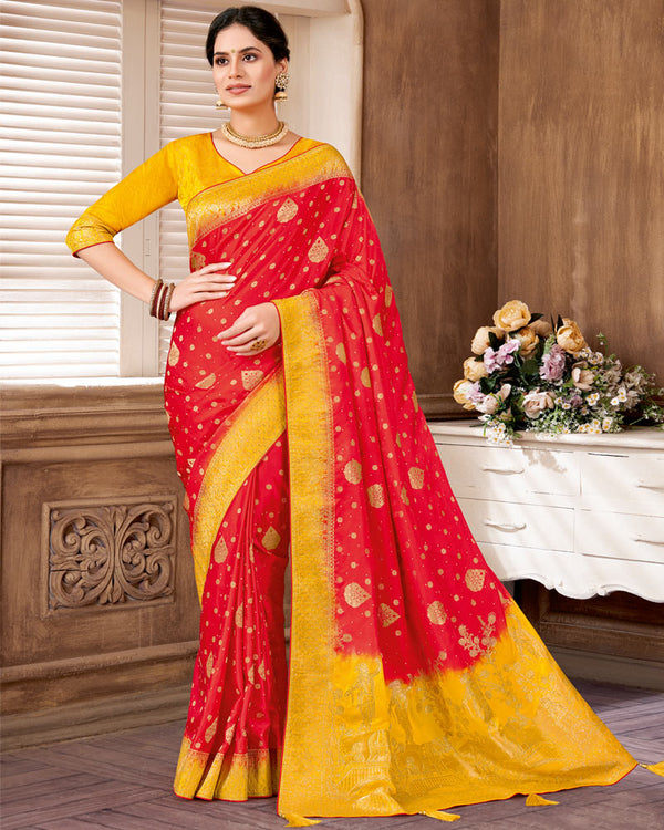 Vishal Prints Lava Red Designer Art Silk Saree With Zari Weaving And Diamond Work With Tassel