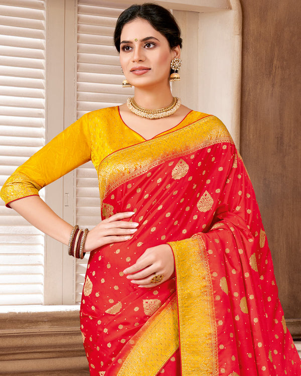 Vishal Prints Lava Red Designer Art Silk Saree With Zari Weaving And Diamond Work With Tassel