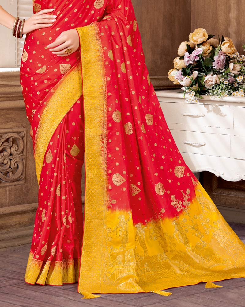 Vishal Prints Lava Red Designer Art Silk Saree With Zari Weaving And Diamond Work With Tassel