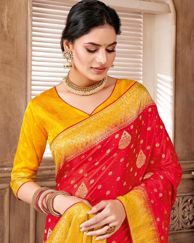 Vishal Prints Lava Red Designer Art Silk Saree With Zari Weaving And Diamond Work With Tassel