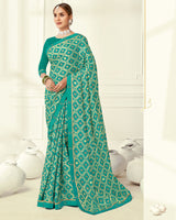 Vishal Prints Teal Green Printed Silk Brasso Saree With Foil Print And Fancy Border