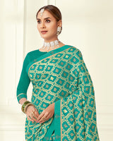Vishal Prints Teal Green Printed Silk Brasso Saree With Foil Print And Fancy Border