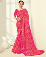 Vishal Prints Red Pink Printed Silk Brasso Saree With Foil Print And Fancy Border