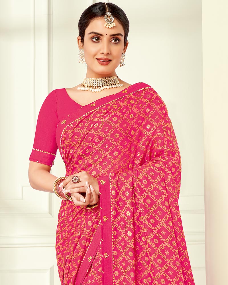 Vishal Prints Red Pink Printed Silk Brasso Saree With Foil Print And Fancy Border