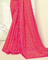 Vishal Prints Red Pink Printed Silk Brasso Saree With Foil Print And Fancy Border