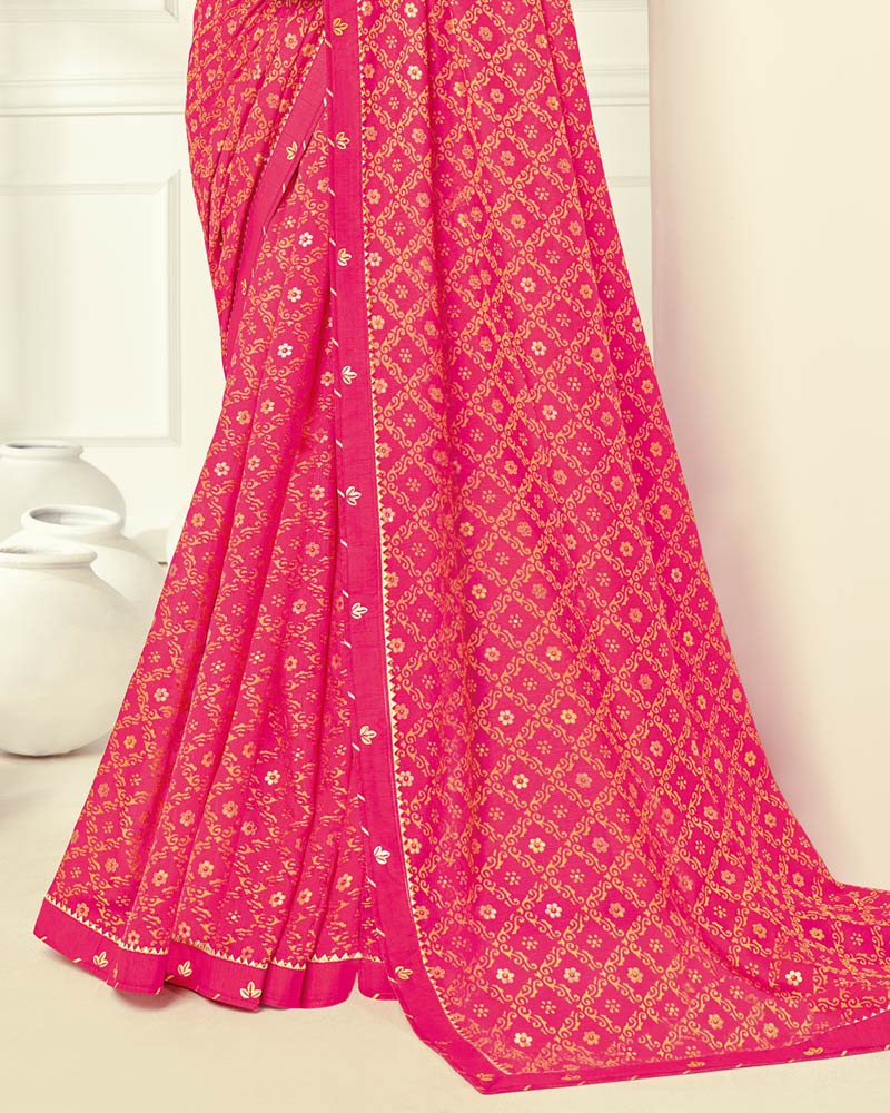 Vishal Prints Red Pink Printed Silk Brasso Saree With Foil Print And Fancy Border
