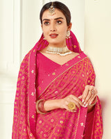 Vishal Prints Red Pink Printed Silk Brasso Saree With Foil Print And Fancy Border