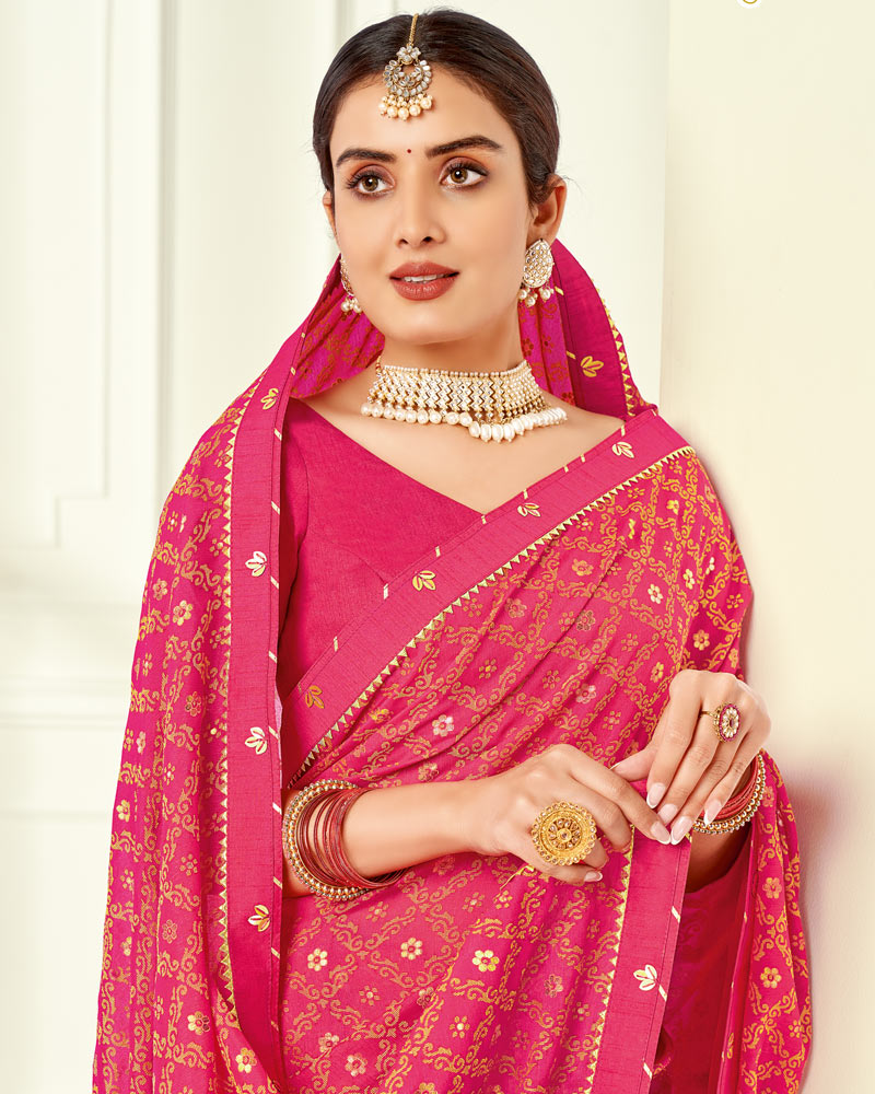 Vishal Prints Red Pink Printed Silk Brasso Saree With Foil Print And Fancy Border