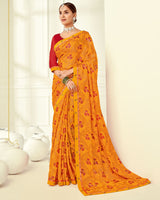 Vishal Prints Yellowish Orange Printed Silk Brasso Saree With Foil Print And Fancy Border