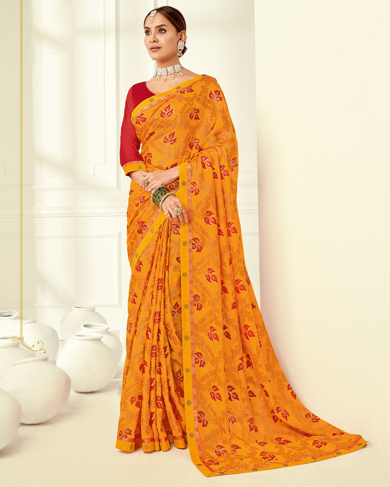 Vishal Prints Yellowish Orange Printed Silk Brasso Saree With Foil Print And Fancy Border