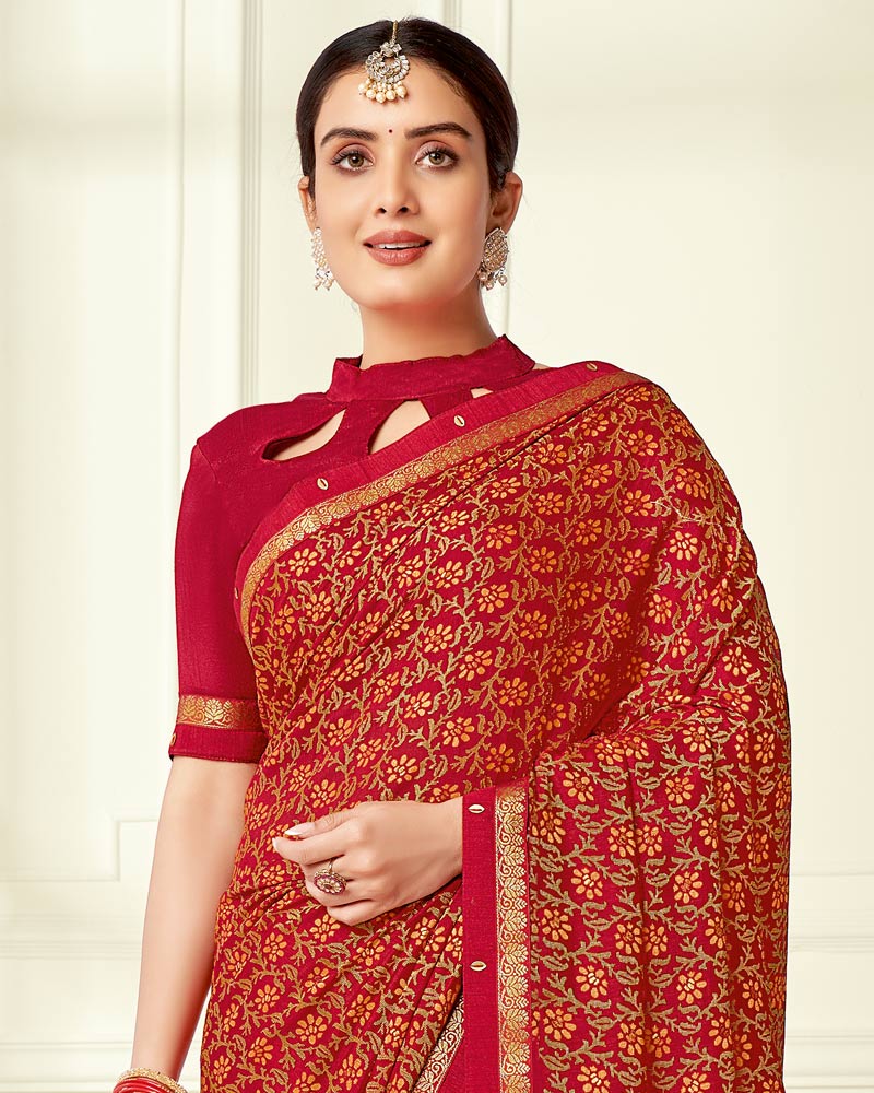 Vishal Prints Dark Red Printed Silk Brasso Saree With Foil Print And Fancy Border