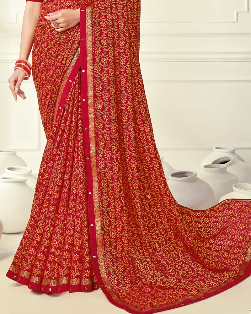 Vishal Prints Dark Red Printed Silk Brasso Saree With Foil Print And Fancy Border