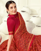 Vishal Prints Dark Red Printed Silk Brasso Saree With Foil Print And Fancy Border