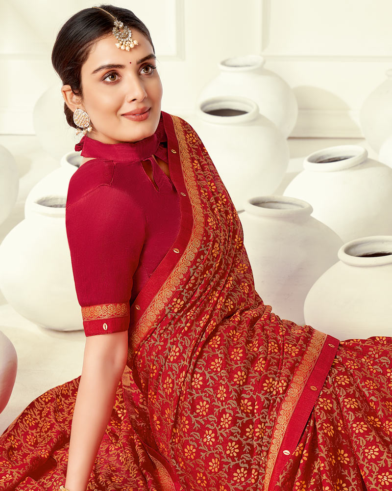 Vishal Prints Dark Red Printed Silk Brasso Saree With Foil Print And Fancy Border