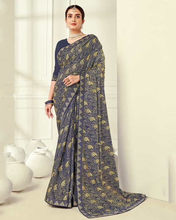 Vishal Prints Ink Blue Printed Silk Brasso Saree With Foil Print And Fancy Border