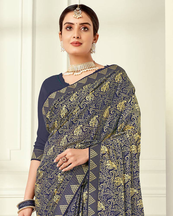 Vishal Prints Ink Blue Printed Silk Brasso Saree With Foil Print And Fancy Border