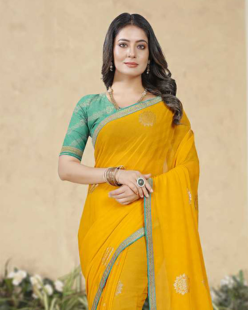 Vishal Prints Golden Yellow Georgette Saree With Foil Print And Zari Border