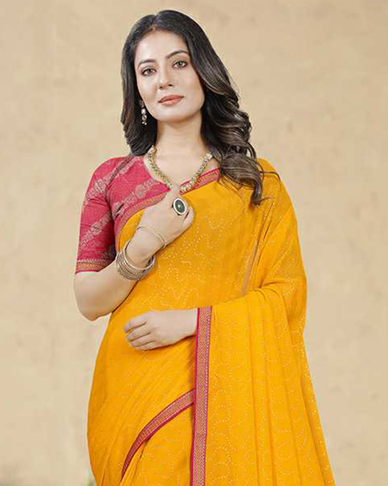 Vishal Prints Golden Yellow Georgette Saree With Foil Print And Zari Border